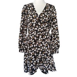 All In Favor Black Fo Wrap Boho Floral Ruffled Flowy Mini Long Sleeved Sundress